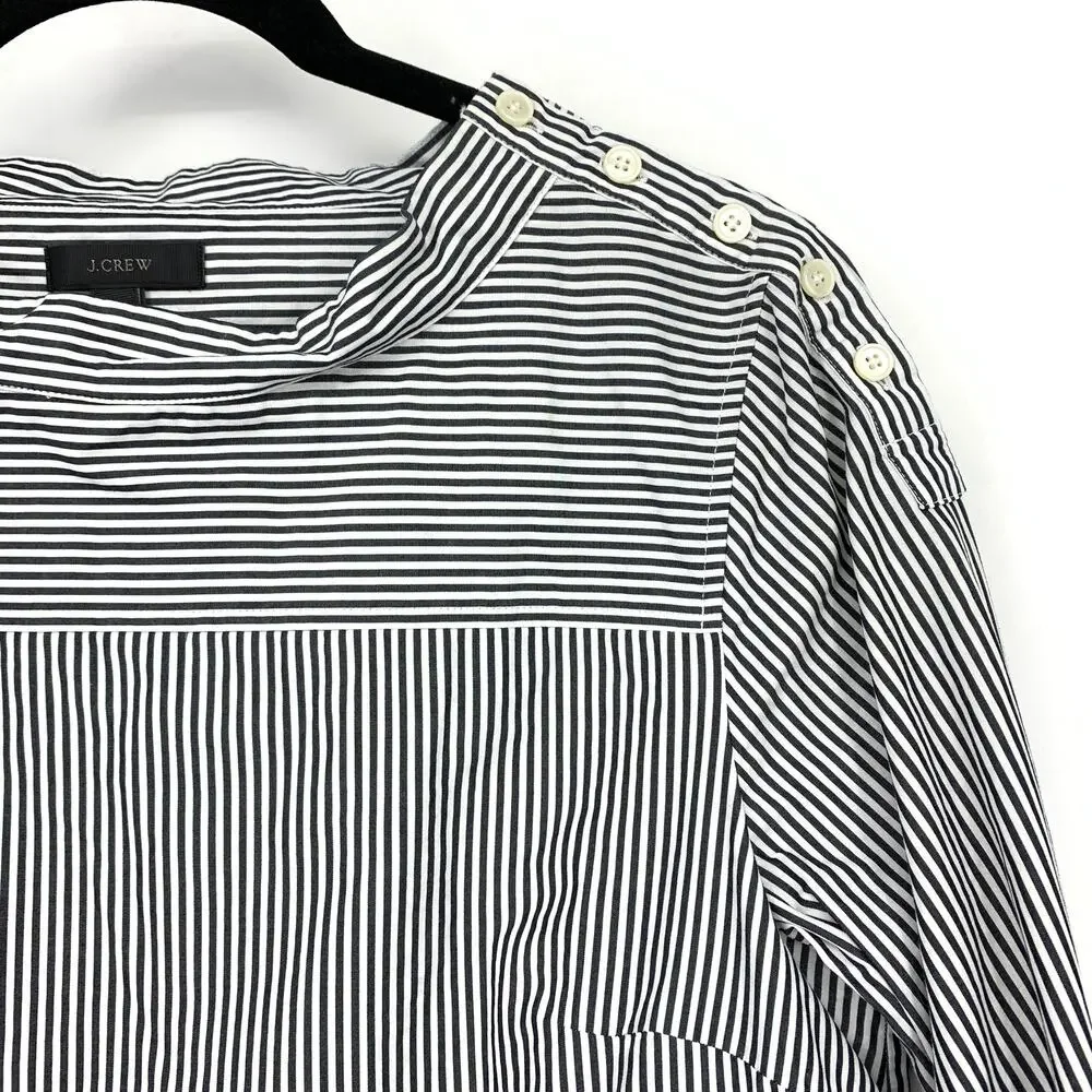 J.Crew Funnel Neck High Low Blouse Womens Sz 8T Black White Striped Long Sleeve